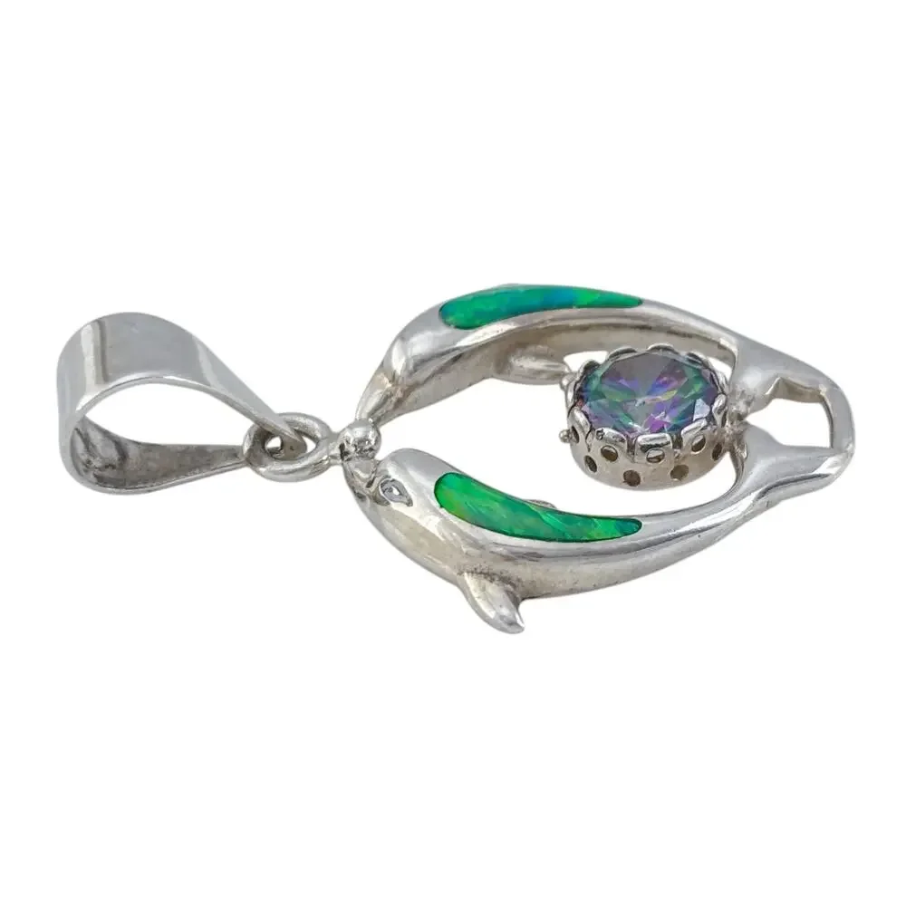 Vintage Sterling Silver 925 Green Opal Mystic Cubic Zirconia Dolphin Pendant